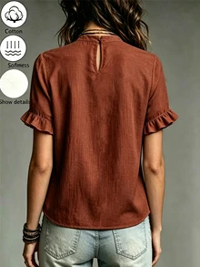 LUMIGAL White Traceable Cotton Ruffle Collar Short Sleeve Casual Women's Shirt - Orange - View 2