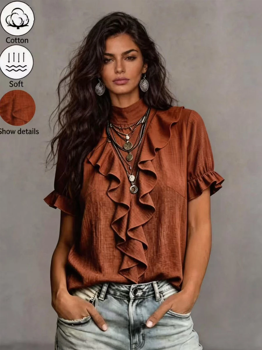 LUMIGAL White Traceable Cotton Ruffle Collar Short Sleeve Casual Women's Shirt - Orange - View 1