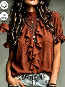 LUMIGAL White Traceable Cotton Ruffle Collar Short Sleeve Casual Women's Shirt - Orange - View 3