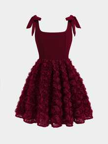 SHEIN Tween Girls Partywear Burgundy Solid Color Satin Patchwork Tulle 3D Flower Tie-Up Bow Mini Short Dress, Graduation Ceremony, Prom Dress - Burgundy - View 2
