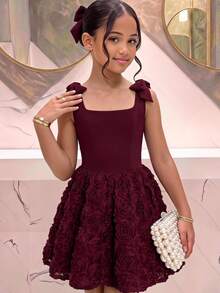 SHEIN Tween Girls Partywear Burgundy Solid Color Satin Patchwork Tulle 3D Flower Tie-Up Bow Mini Short Dress, Graduation Ceremony, Prom Dress - Burgundy - View 6