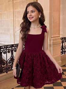 SHEIN Tween Girls Partywear Burgundy Solid Color Satin Patchwork Tulle 3D Flower Tie-Up Bow Mini Short Dress, Graduation Ceremony, Prom Dress - Burgundy - View 4