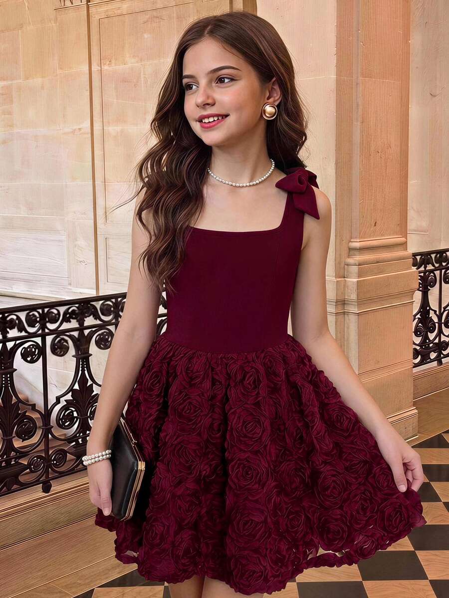 SHEIN Tween Girls Partywear Burgundy Solid Color Satin Patchwork Tulle 3D Flower Tie-Up Bow Mini Short Dress, Graduation Ceremony, Prom Dress - Burgundy - View 1