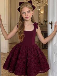 SHEIN Tween Girls Partywear Burgundy Solid Color Satin Patchwork Tulle 3D Flower Tie-Up Bow Mini Short Dress, Graduation Ceremony, Prom Dress - Burgundy - View 1