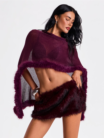 Autumn/Winter Sexy Party Midnight Luxury Evening Outfit Y2K Style Sheer Asymmetric Shoulder Edge Patchwork Fur Knit Top For Women