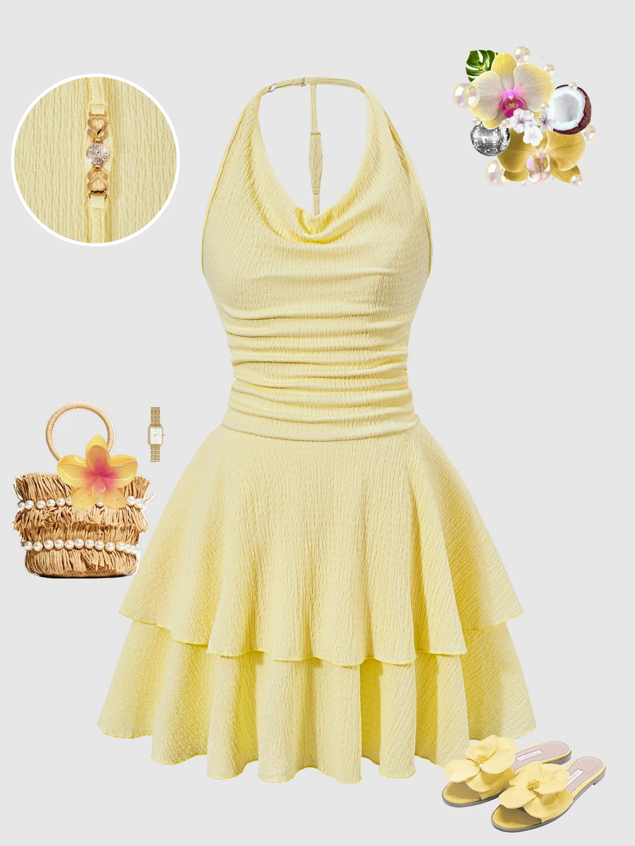 SHEIN Teen Girl Sweet Soft Style Mini Dress, Elegant Cute Line Design Experience Campus, Outing, Party Prom Beach Occasions In Summer, Graduation, Yellow