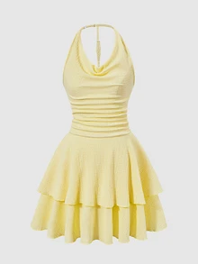 SHEIN Teen Girl Sweet Soft Style Mini Dress, Elegant Cute Line Design Experience Campus, Outing, Party Prom Beach Occasions In Summer, Graduation, Yellow - Yellow - View 5