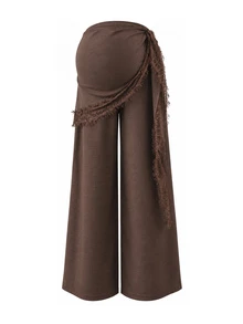 Momance Maternity Brown Pants Loose Comfortable Waistband Lace Patchwork - Coffee Brown - View 11