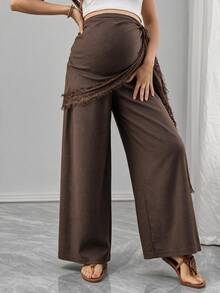 Momance Maternity Brown Pants Loose Comfortable Waistband Lace Patchwork - Coffee Brown - View 2