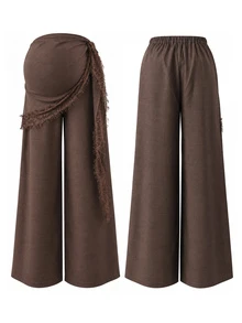 Momance Maternity Brown Pants Loose Comfortable Waistband Lace Patchwork - Coffee Brown - View 10