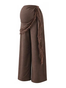 Momance Maternity Brown Pants Loose Comfortable Waistband Lace Patchwork - Coffee Brown - View 9