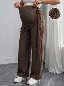 Momance Maternity Brown Pants Loose Comfortable Waistband Lace Patchwork - Coffee Brown - View 4