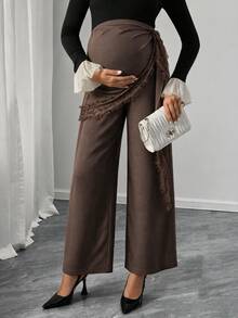 Momance Maternity Brown Pants Loose Comfortable Waistband Lace Patchwork - Coffee Brown - View 5