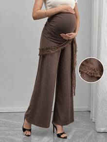 Momance Maternity Brown Pants Loose Comfortable Waistband Lace Patchwork - Coffee Brown - View 6