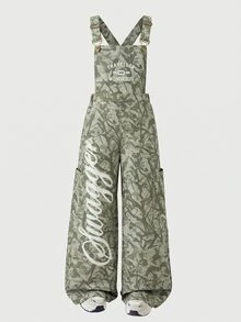 Young Girls Camo Print Overall Jumpsuit, Letter Graphic Wide Leg Bib Romper Pants Outfits For Fall Winter - Multicolor - View 3