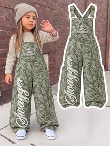 Young Girls Camo Print Overall Jumpsuit, Letter Graphic Wide Leg Bib Romper Pants Outfits For Fall Winter - Multicolor - View 1