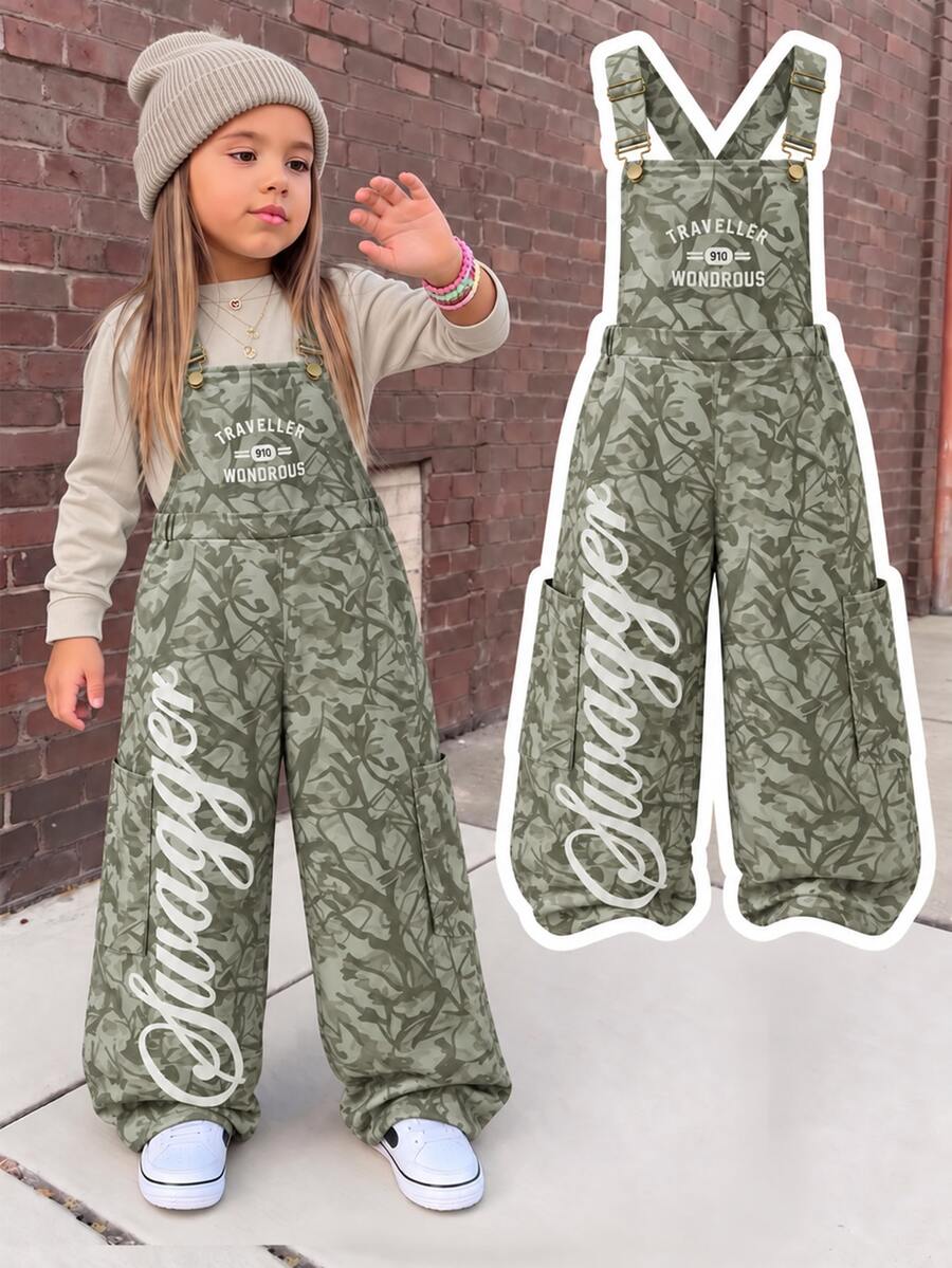Young Girls Camo Print Overall Jumpsuit, Letter Graphic Wide Leg Bib Romper Pants Outfits For Fall Winter - Multicolor - View 1