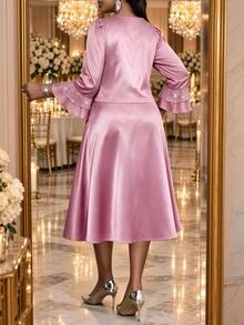 Fleurora Plus Size Satin Elegant Dress With Sequin Bell Sleeve Jacket 2 Pieces Set Fall Christmas - Dusty Pink - View 3