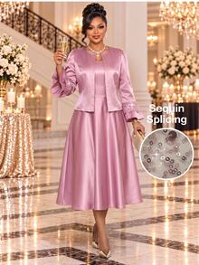 Fleurora Plus Size Satin Elegant Dress With Sequin Bell Sleeve Jacket 2 Pieces Set Fall Christmas - Dusty Pink - View 1