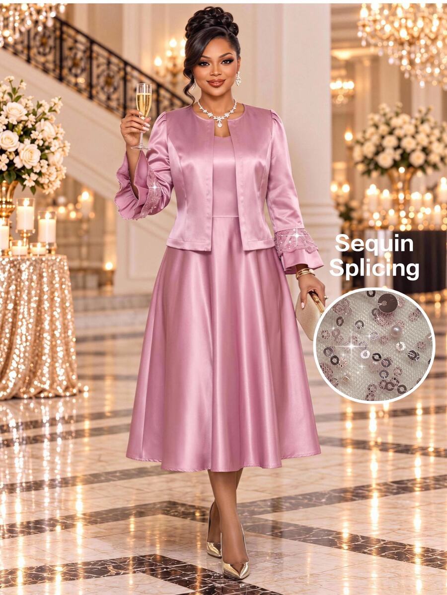 Fleurora Plus Size Satin Elegant Dress With Sequin Bell Sleeve Jacket 2 Pieces Set Fall Christmas - Dusty Pink - View 1