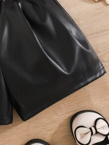 SHEIN 女嬰純色PU皮革短褲，法式優雅淑女風，返校季秋季時尚街頭風 - 黑色 - 查看 6