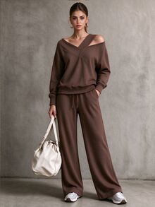 Omancia Vintage Maillard Asymmetric Cold Shoulder Casual Set For Women, Loose Slouchy Long Sleeve Top And Wide Leg Pants 2 Pieces Set - Brown - View 1