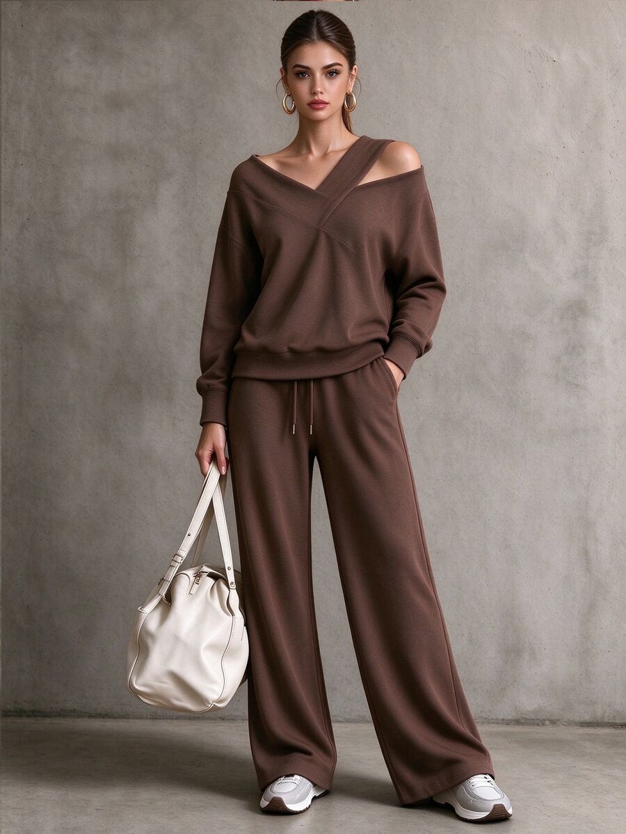 Omancia Vintage Maillard Asymmetric Cold Shoulder Casual Set For Women, Loose Slouchy Long Sleeve Top And Wide Leg Pants 2 Pieces Set - Brown - View 1