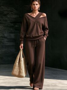 Omancia Vintage Maillard Asymmetric Cold Shoulder Casual Set For Women, Loose Slouchy Long Sleeve Top And Wide Leg Pants 2 Pieces Set - Brown - View 5