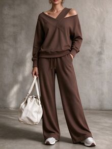 Omancia Vintage Maillard Asymmetric Cold Shoulder Casual Set For Women, Loose Slouchy Long Sleeve Top And Wide Leg Pants 2 Pieces Set - Brown - View 4
