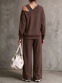 Omancia Vintage Maillard Asymmetric Cold Shoulder Casual Set For Women, Loose Slouchy Long Sleeve Top And Wide Leg Pants 2 Pieces Set - Brown - View 2