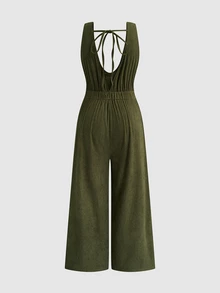 Sweetra Plus Size Vintage Corduroy Deep V Neck Sleeveless Jumpsuit, Button Waist Elastic Wide Leg Long Overall Fall - Army Green - View 2