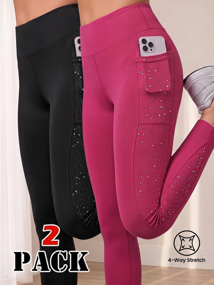 SHEIN 2pcs Tween Girls' Leggings Set, Black Fuchsia Yoga Pants, High Stretch, Side Pockets, Active Modest Athletic Running, Cycling, Gym Autumn
