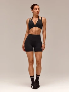 GLOWMODE FeatherFit™-Sculpt Double Glow Buttery-Soft Stretchy Compressive Removable Cups Push-Up Adjustable Halterneck 2 In 1 Style Sports Bra Medium Impact Training Running Workout Gym Wear - Black - View 9