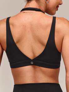 GLOWMODE FeatherFit™-Sculpt Double Glow Buttery-Soft Stretchy Compressive Removable Cups Push-Up Adjustable Halterneck 2 In 1 Style Sports Bra Medium Impact Training Running Workout Gym Wear - Black - View 8