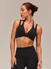 GLOWMODE FeatherFit™-Sculpt Double Glow Buttery-Soft Stretchy Compressive Removable Cups Push-Up Adjustable Halterneck 2 In 1 Style Sports Bra Medium Impact Training Running Workout Gym Wear - Black - View 2