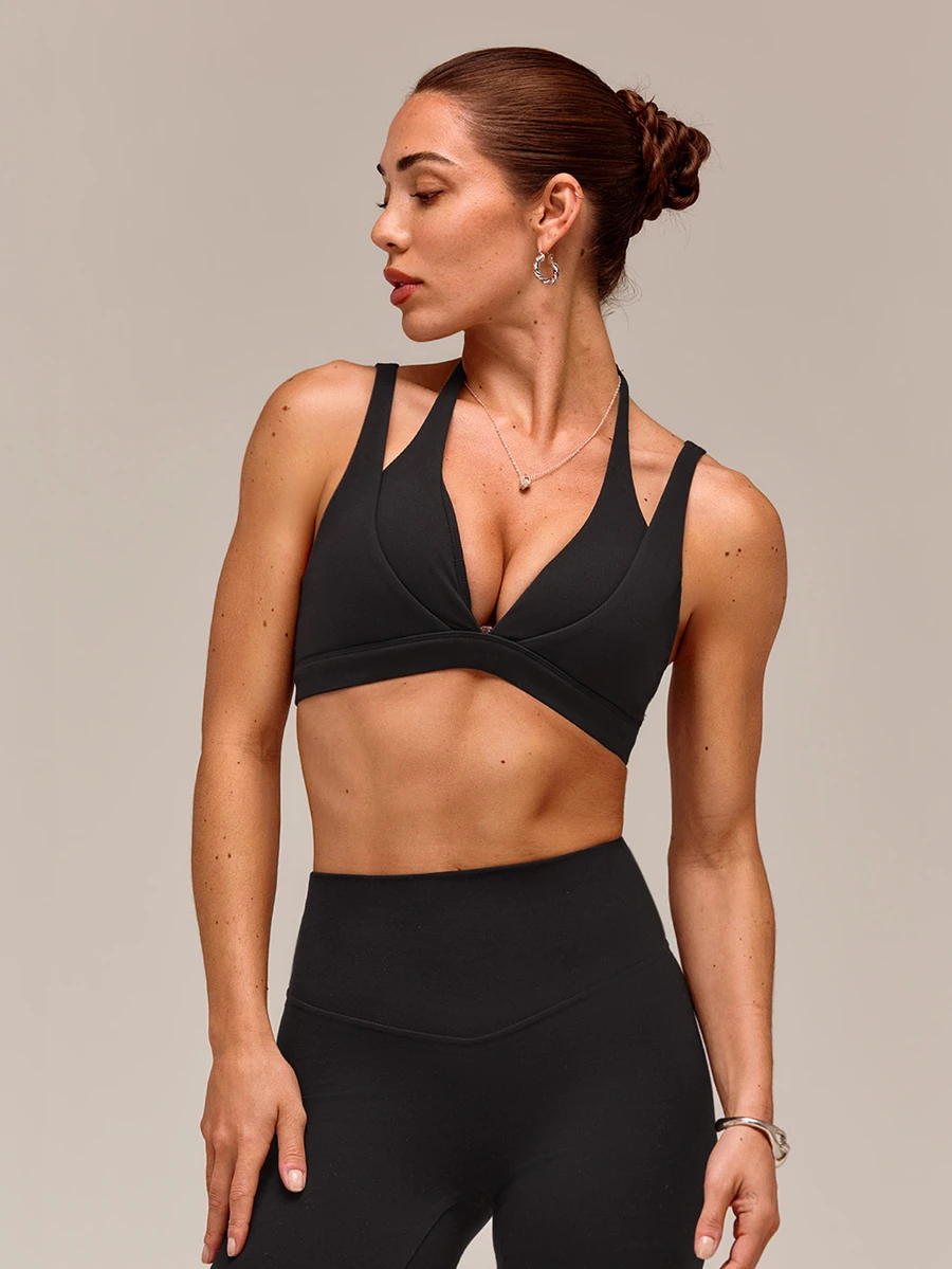 GLOWMODE FeatherFit™-Sculpt Double Glow Buttery-Soft Stretchy Compressive Removable Cups Push-Up Adjustable Halterneck 2 In 1 Style Sports Bra Medium Impact Training Running Workout Gym Wear