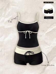 SHEIN Swim 女款優雅街頭風比基尼上衣 極簡休閒性感 Y2K 對比色蝴蝶結 黑白細肩帶上衣 夏秋款海灘外穿上衣 - 黑色 - 查看 1