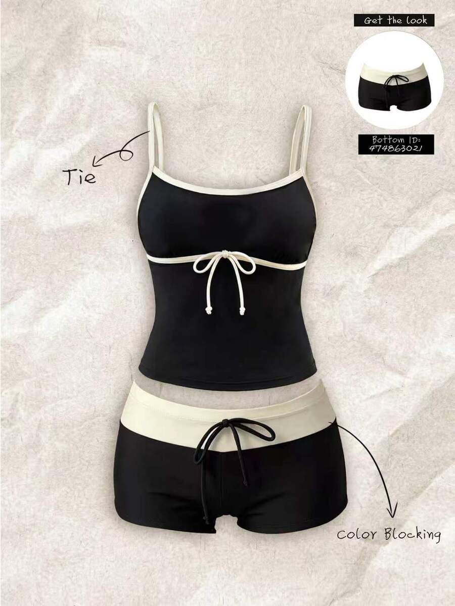 SHEIN Swim 女款優雅街頭風比基尼上衣 極簡休閒性感 Y2K 對比色蝴蝶結 黑白細肩帶上衣 夏秋款海灘外穿上衣 - 黑色 - 查看 1