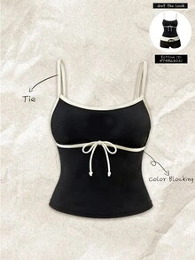 SHEIN Swim 女款優雅街頭風比基尼上衣 極簡休閒性感 Y2K 對比色蝴蝶結 黑白細肩帶上衣 夏秋款海灘外穿上衣 - 黑色 - 查看 3