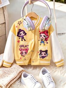SHEIN Jaket Baseball Anak Perempuan Musim Gugur/Bayi Warna Putih Blok, Motif Kartun Anak Perempuan dengan Huruf Bintang, Kerah Tegak Bergaris, Jaket Varsity Pendek Kancing Tunggal - Kuning - View 2