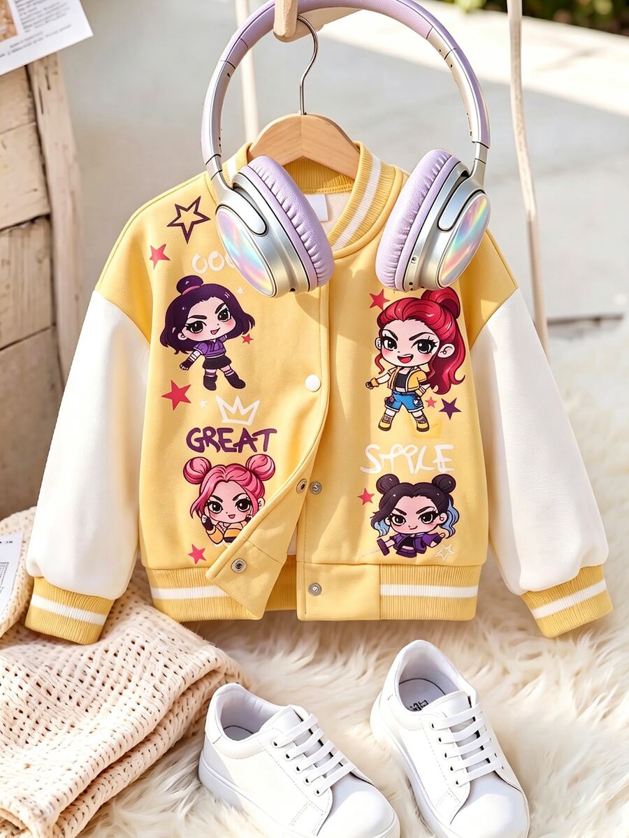 SHEIN Jaket Baseball Anak Perempuan Musim Gugur/Bayi Warna Putih Blok, Motif Kartun Anak Perempuan dengan Huruf Bintang, Kerah Tegak Bergaris, Jaket Varsity Pendek Kancing Tunggal