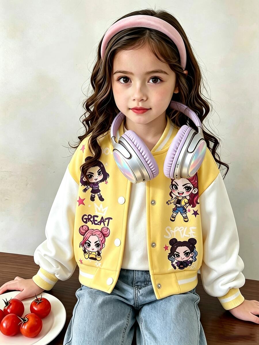 SHEIN Girls' Fall/ Baby White Colorblock Baseball Jacket, Cartoon Girl Star Letter Print, Ribbed Stand Collar, Single-Breasted Short Varsity Jacket