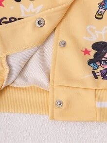 SHEIN Jaket Baseball Anak Perempuan Musim Gugur/Bayi Warna Putih Blok, Motif Kartun Anak Perempuan dengan Huruf Bintang, Kerah Tegak Bergaris, Jaket Varsity Pendek Kancing Tunggal - Kuning - View 6