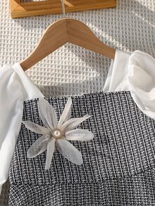 SHEIN 白色黑色拼接長袖羊腿袖3D花朵洋裝 時尚優雅仙女公主風 適合嬰兒洗禮、媽媽女兒套裝、7歲生日、秋季 - 彩色 - 查看 4