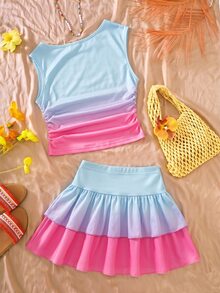SHEIN Girls' Gradient 2 Pieces Set, Asymmetrical Shoulder Sleeveless Cropped Top, Ruched Waist Design, Holiday Beach Vacation Blue Summer Cute Tropical - Multicolor - View 2