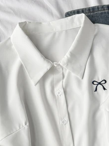 SHEIN 青少年女孩秋季上衣休閒街頭風可愛蝴蝶結刺繡襯衫套裝 白色 度假返校派對海灘假期 - 白色 - 查看 8