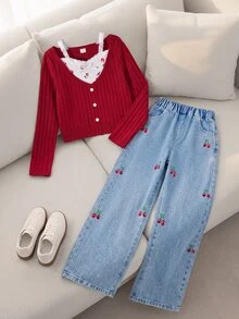 SHEIN Setelan Musim Gugur untuk Anak Perempuan Remaja: Atasan 2pcs/Set, Kaos Patchwork Leher Bulat & Celana Denim Bordir, Musim Gugur/Musim Dingin, Kasual, Outfit - MultiWarna - View 4