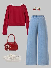SHEIN Setelan Musim Gugur untuk Anak Perempuan Remaja: Atasan 2pcs/Set, Kaos Patchwork Leher Bulat & Celana Denim Bordir, Musim Gugur/Musim Dingin, Kasual, Outfit - MultiWarna - View 3