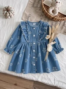 SHEIN Baby Girl Spring/Autumn Ruffle Trim Jacquard Denim Open Front Long Sleeve Dress, Versatile Comfortable Casual Style Suitable For Indoor, Outdoor, Shopping And Other Occasions - Blue - View 1