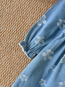 SHEIN Baby Girl Spring/Autumn Ruffle Trim Jacquard Denim Open Front Long Sleeve Dress, Versatile Comfortable Casual Style Suitable For Indoor, Outdoor, Shopping And Other Occasions - Blue - View 6